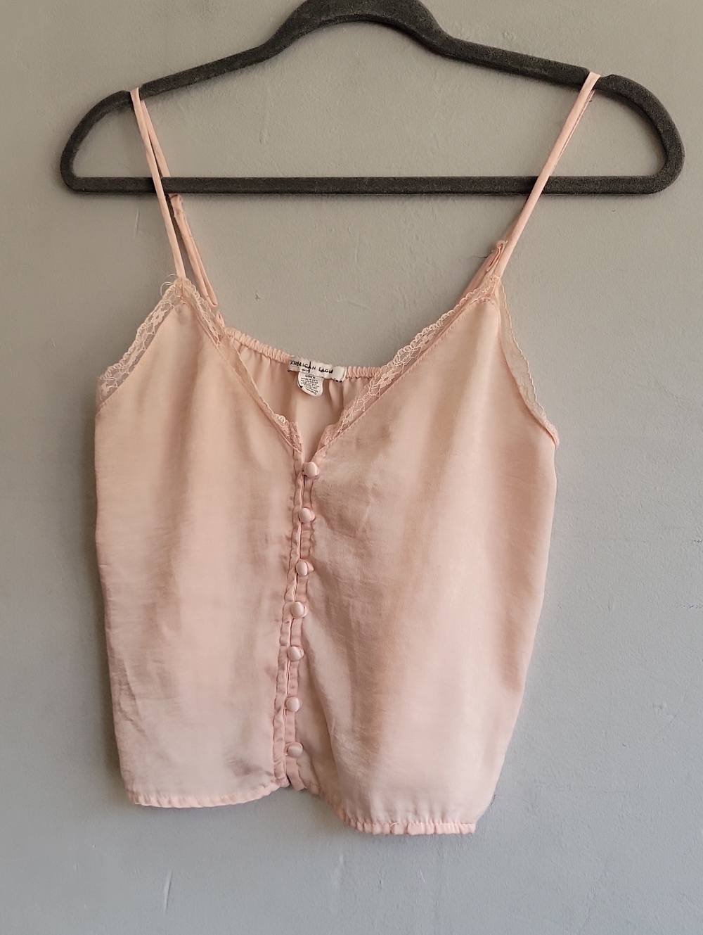 Women's small peach/pink tank top shirt button front lace accent American Eagle